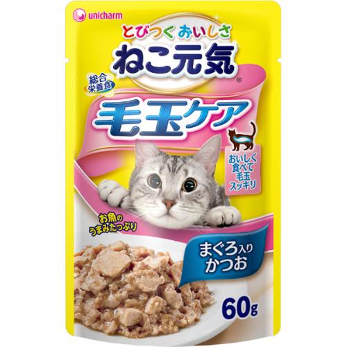 ねこ元気 総合栄養食 パウチ 毛玉ケア まぐろ入りかつお 60g×12コ