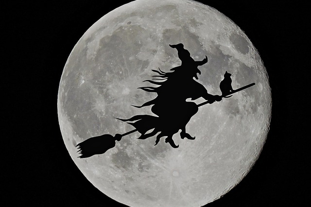 月夜にほうきで飛ぶ魔女と黒猫