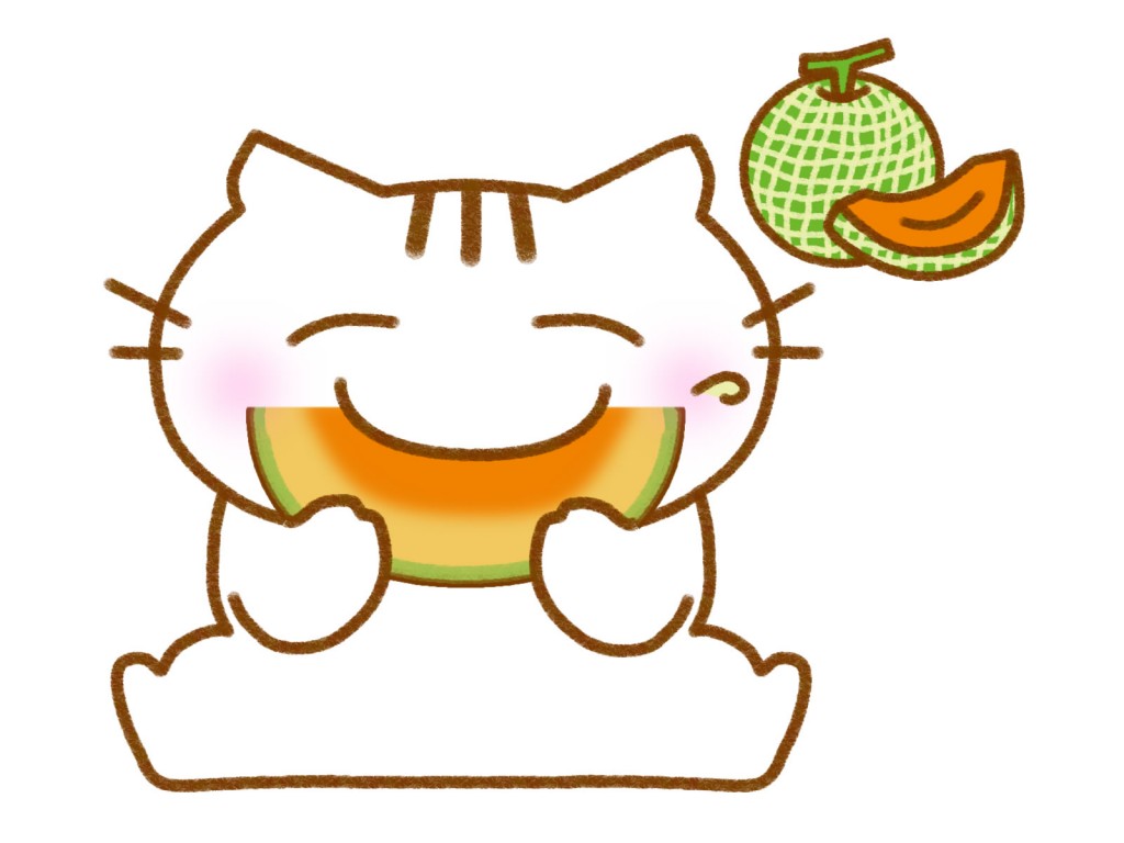 メロンを食べる白猫のイラスト