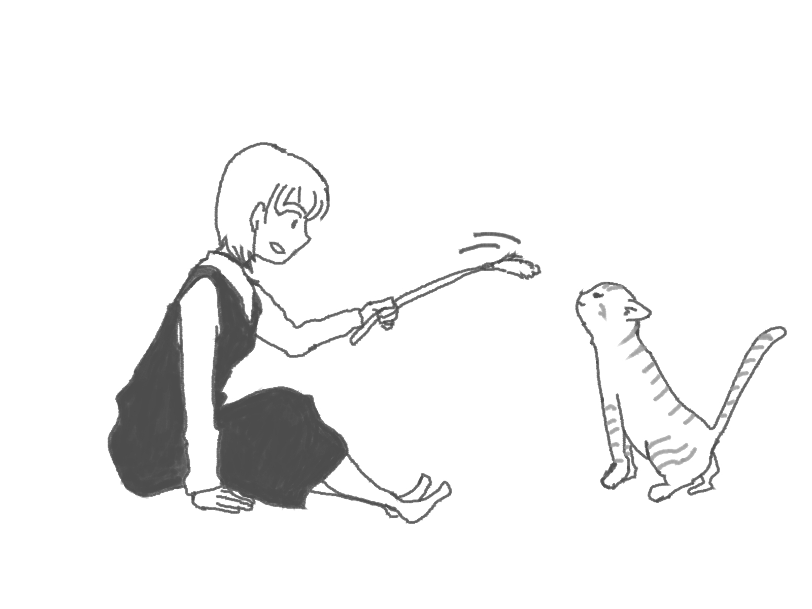 猫じゃらしで猫と遊ぶ女性のイラスト