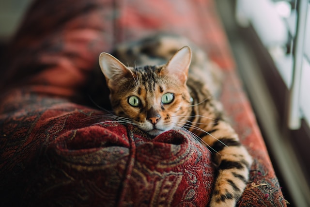ソファの上でくつろぐベンガル猫