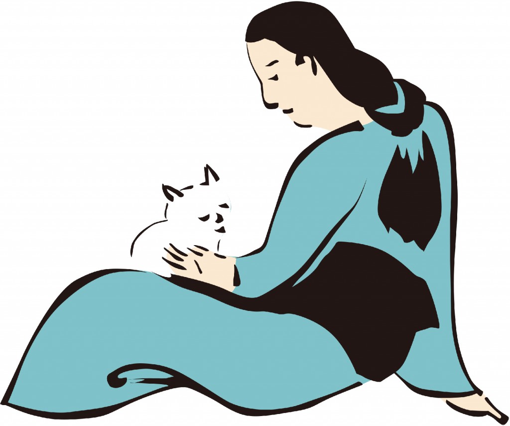 猫と女性の浮世絵風イラスト