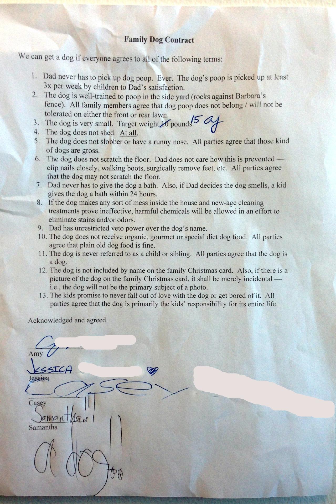 family dog contract drafted by reluctant dad - Imgur